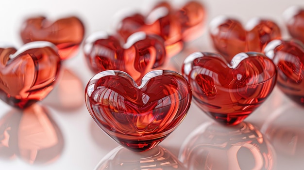 A group of red glass hearts on a white surface Perfect for Valentines Day designs