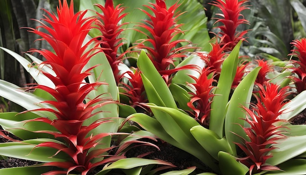 a group of red and green plants with long slender slender red leaves