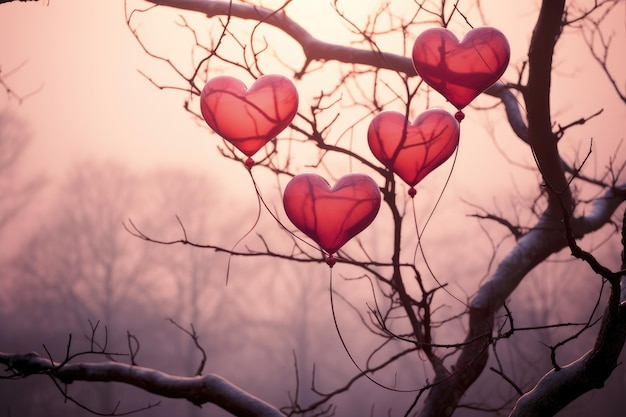 Group of Red Hearts Hanging From a Tree Love and Affection Displayed Love heart balloons caught in tree branches creating an abstract valentine art AI Generated