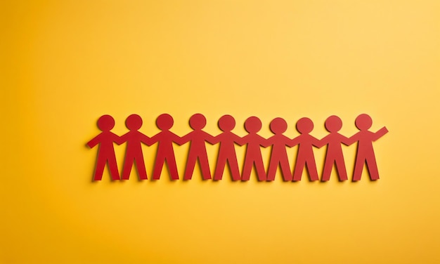 Group of red paper cut people holding hands teamwork isolated on yellow background