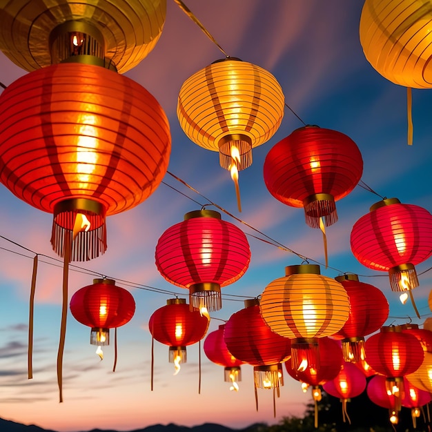 a group of red and yellow paper lanterns hanging from a wire