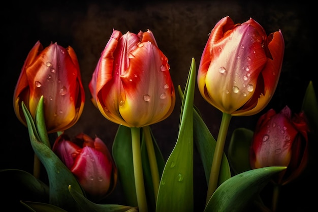 Group of red and yellow tulips with drops of water on them Generative AI