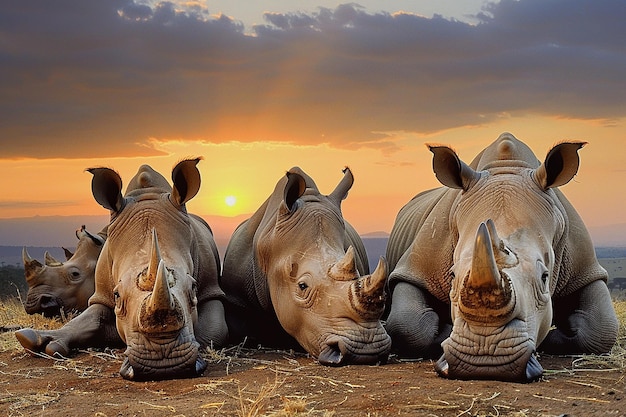 a group of rhinoceros are laying on the ground in front of a sunset