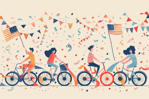 Group rides bikes with American flags streamers in festive style Friends enjoy parade celebrate