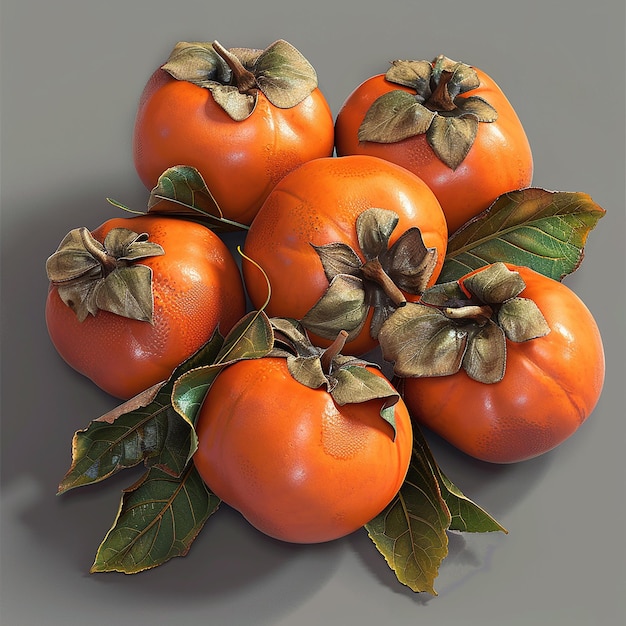 Group of Ripe Orange Persimmons with Leafy Tops