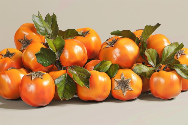 Group of Ripe Orange Persimmons with Leafy Tops