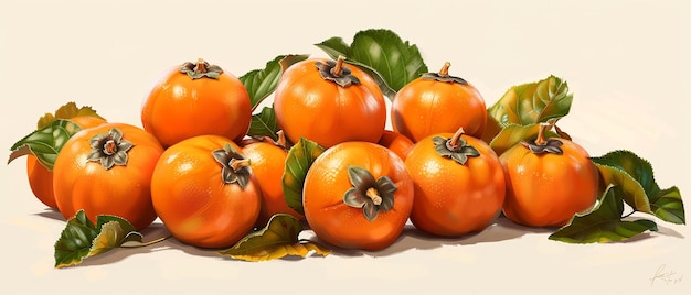 Group of Ripe Orange Persimmons with Leafy Tops