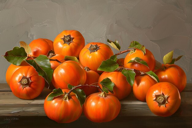 Group of Ripe Orange Persimmons with Leafy Tops