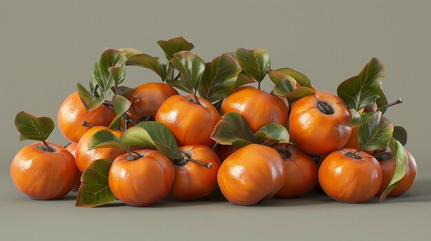 Group of Ripe Orange Persimmons with Leafy Tops