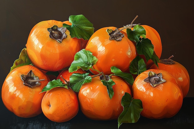 Group of Ripe Orange Persimmons with Leafy Tops