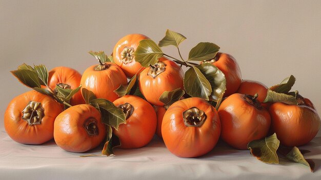 Group of Ripe Orange Persimmons with Leafy Tops