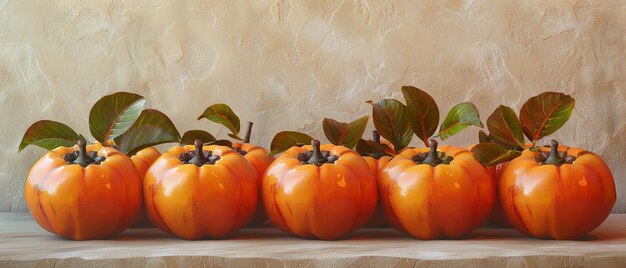 Group of Ripe Orange Persimmons with Leafy Tops