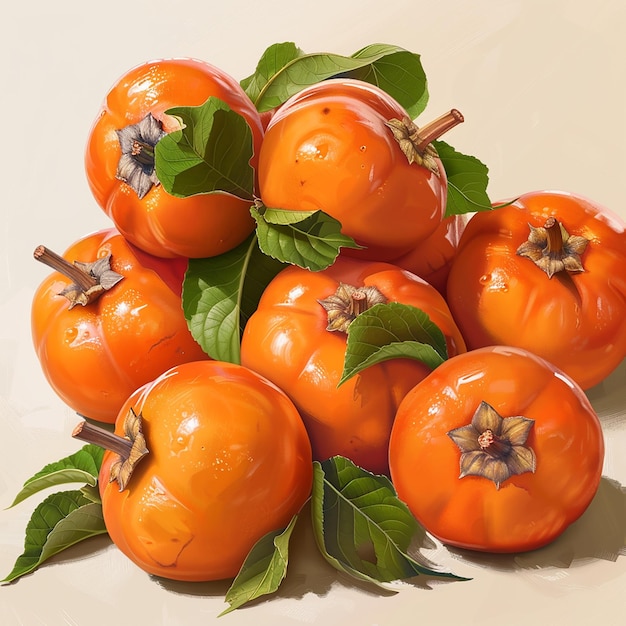 Group of Ripe Orange Persimmons with Leafy Tops