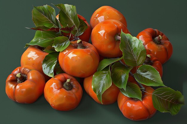 Group of Ripe Orange Persimmons with Leafy Tops