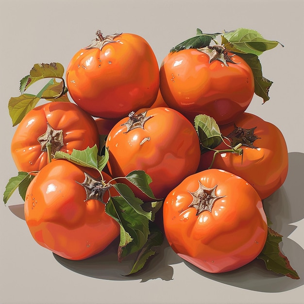 Group of Ripe Orange Persimmons with Leafy Tops