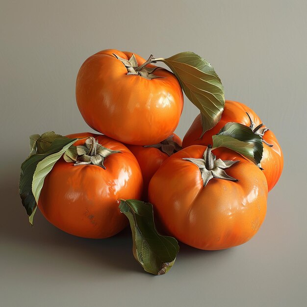 Group of Ripe Orange Persimmons with Leafy Tops