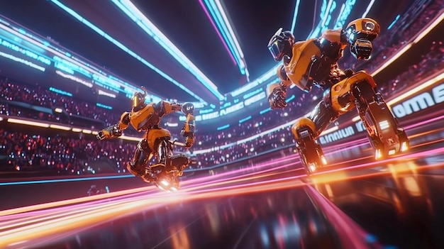 a group of robots are performing in a arena with lights