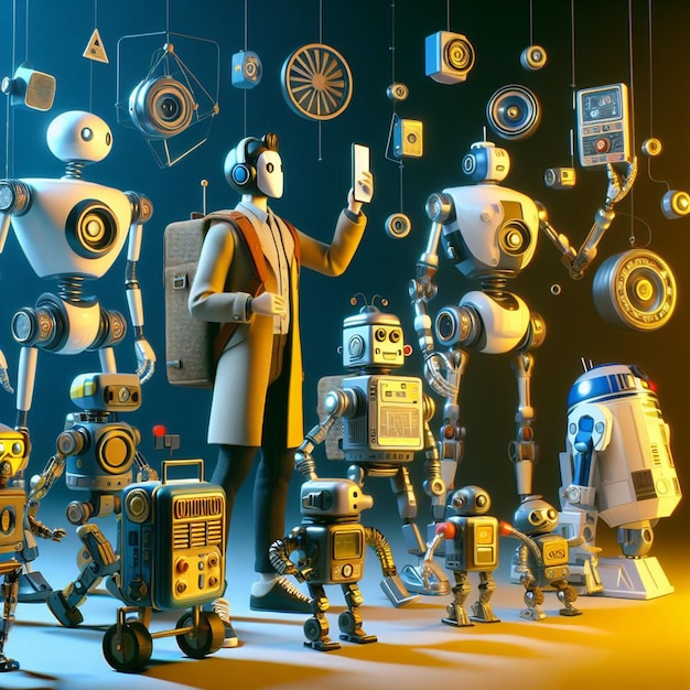 a group of robots are on stage with one of them holding a phone