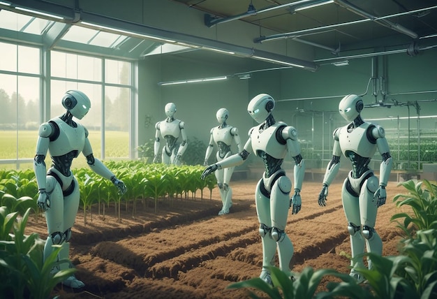 a group of robots are standing in a field with plants in the background