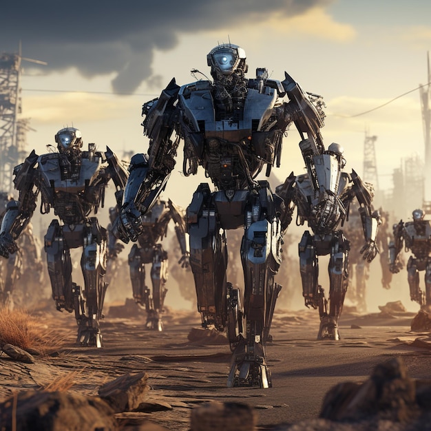 A group of robots are walking in a desert with one of them being a robot