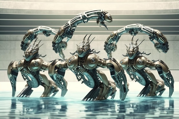 Group of robots performing a synchronized swimming illustration generative ai