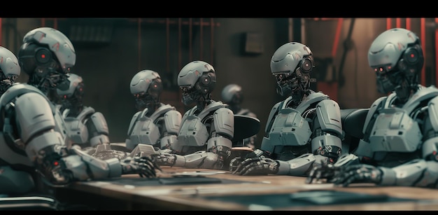 A group of robots sitting around a desk in the style of multiple filter effect futurist claims neuro