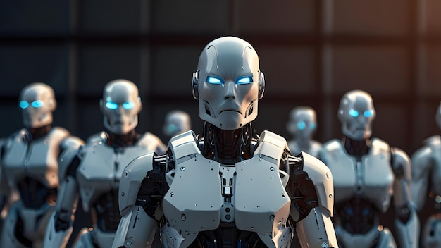 a group of robots with blue eyes and one of them has a blue eyes