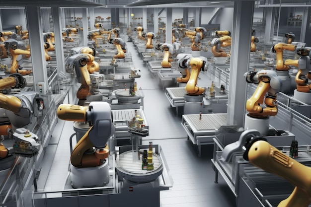 Group of robots working together in a factory Generative AI