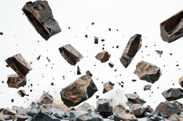 A group of rocks are falling with some of them already on the ground