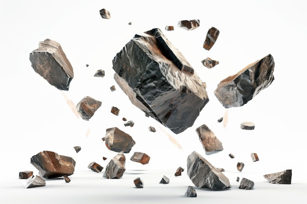 A group of rocks are scattered on a white background some are in the