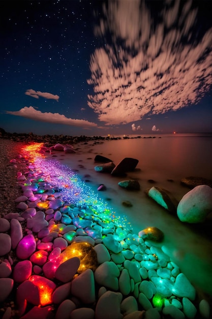 Group of rocks sitting on top of a beach next to a body of water generative ai