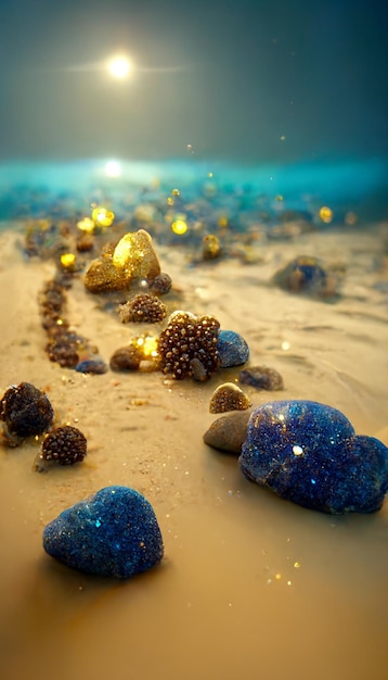 Group of rocks sitting on top of a sandy beach generative ai