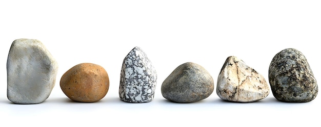 a group of rocks with a white background and a few pebbles