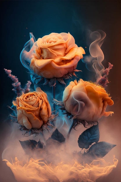 Group of roses sitting on top of a cloud of smoke generative ai