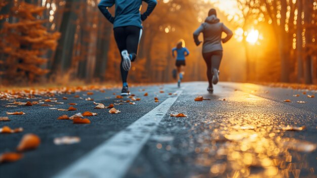 Group of runners jogging through autumn park at sunset