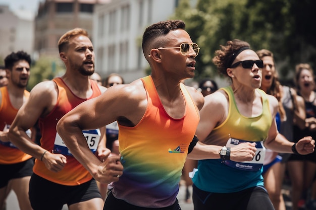 A group of runners in a race wearing rainbow rainbow shirts and rainbow shirts run in a race.