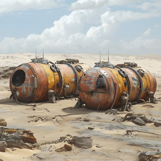 a group of rusty tanks are on the sand