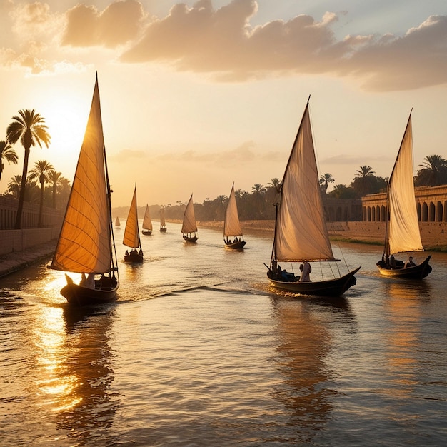 a group of sailboats are sailing in a canal with palm trees in the background