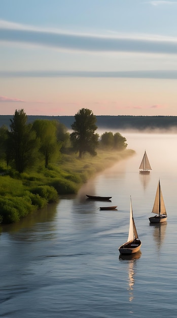 a group of sailboats are sailing on a lake with trees in the background