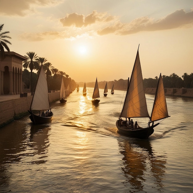 Photo a group of sailboats are sailing in a river with the sun setting behind them