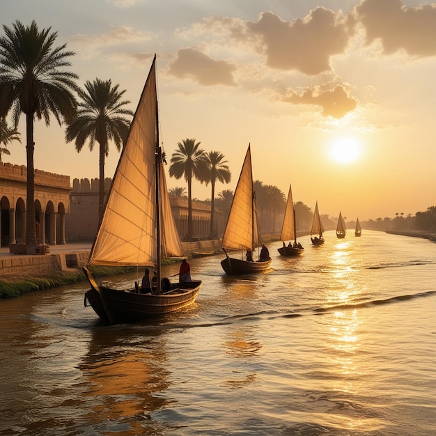 Photo a group of sailboats are sailing in the water with palm trees in the background