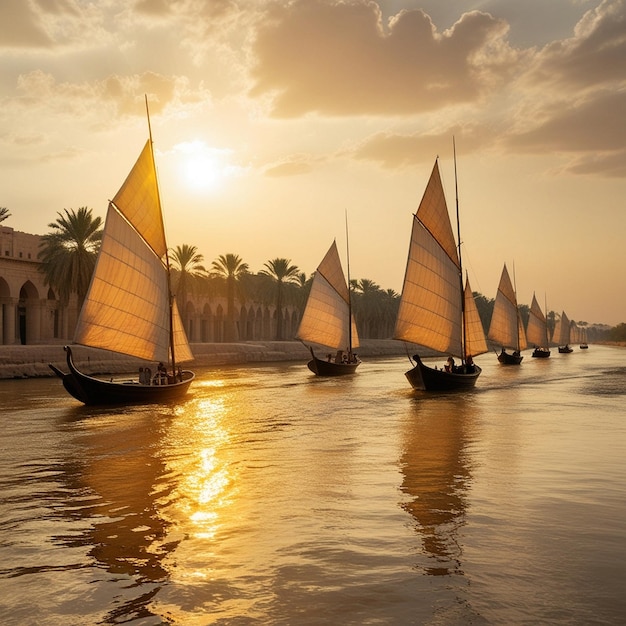 a group of sailboats are sailing in the water with the sun setting behind them