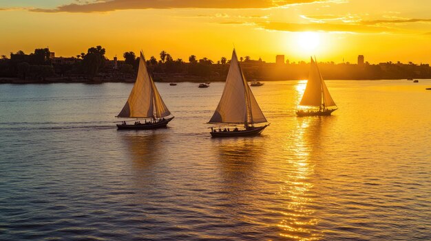 Photo a group of sailboats are sailing in the water with the sun setting behind them