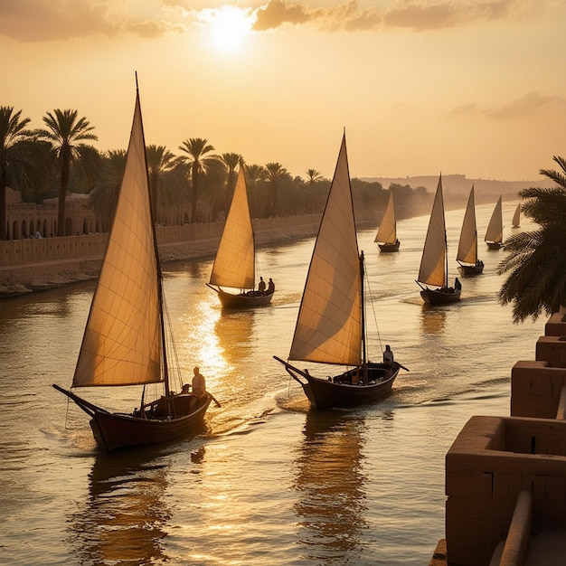 a group of sailboats with palm trees in the background