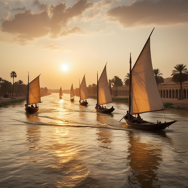 a group of sailboats with the sun setting behind them