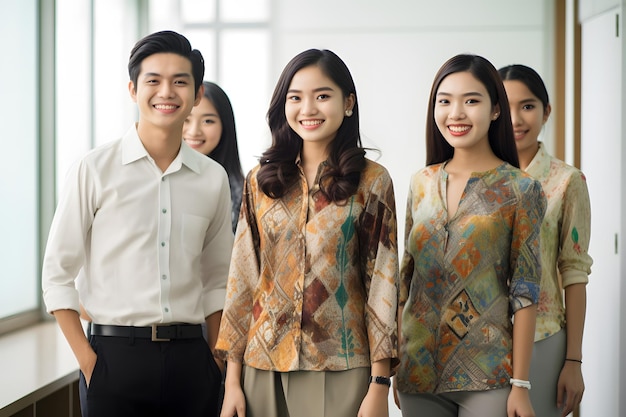 A group of sales team employee wearing batik smile office background