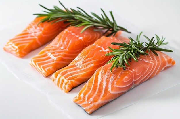 a group of salmon steaks with rosemary on top