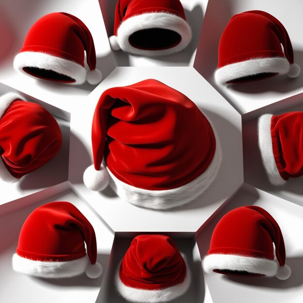 a group of santa hats are displayed on a white background