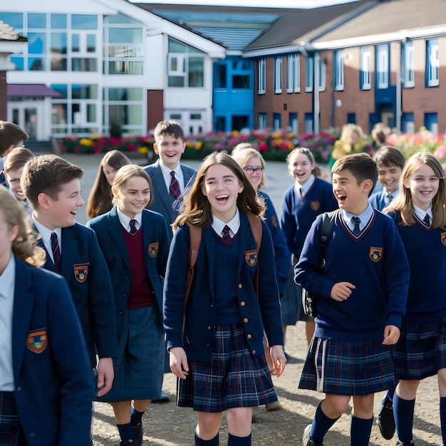 a group of school children are walking in front of a school