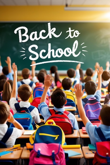 a group of school children with backpacks and the words back to school written on a chalkboard